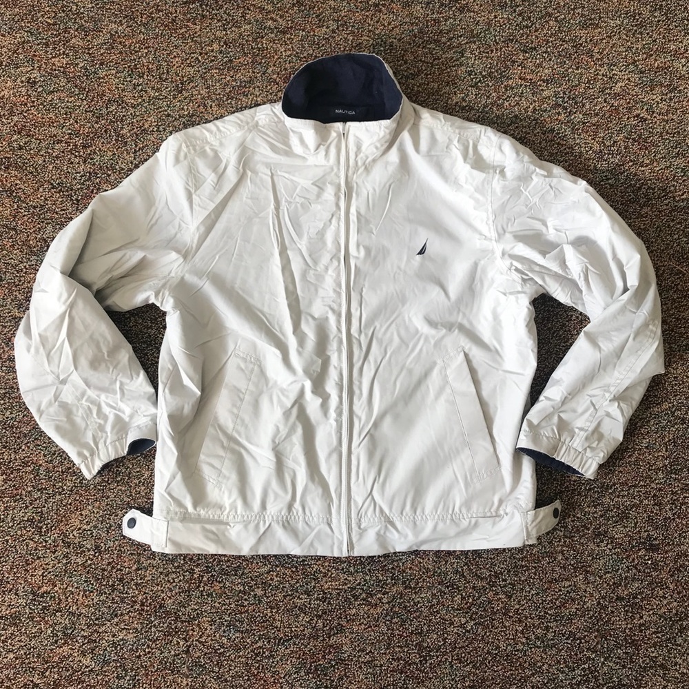 Tan and navy blue reversible NAUTICA bomber